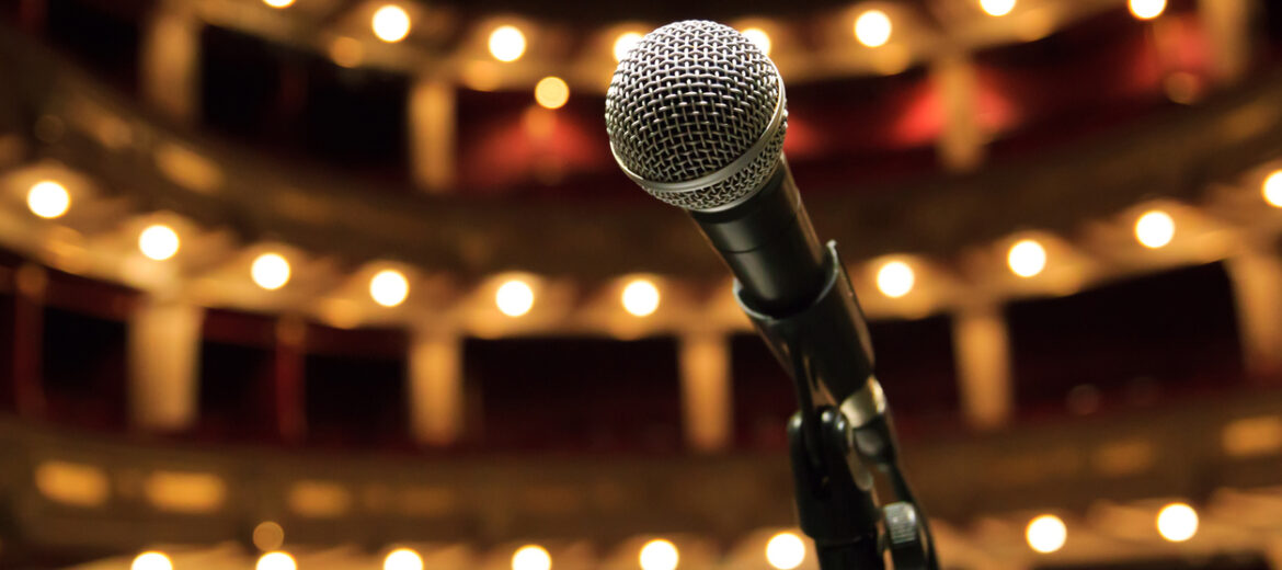 Close up of microphone in concert hall, theater