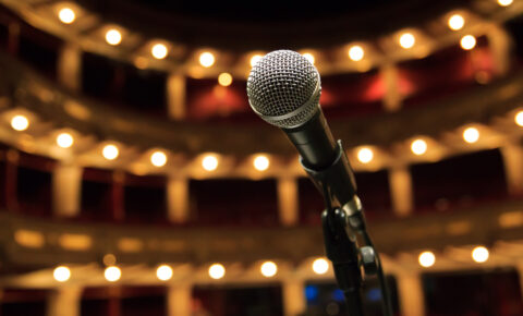 Close up of microphone in concert hall, theater